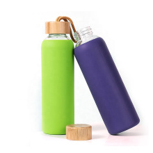 1L 1000ml bpa free Drinking Sport silicone sleeve glass Water Bottle with bamboo lid